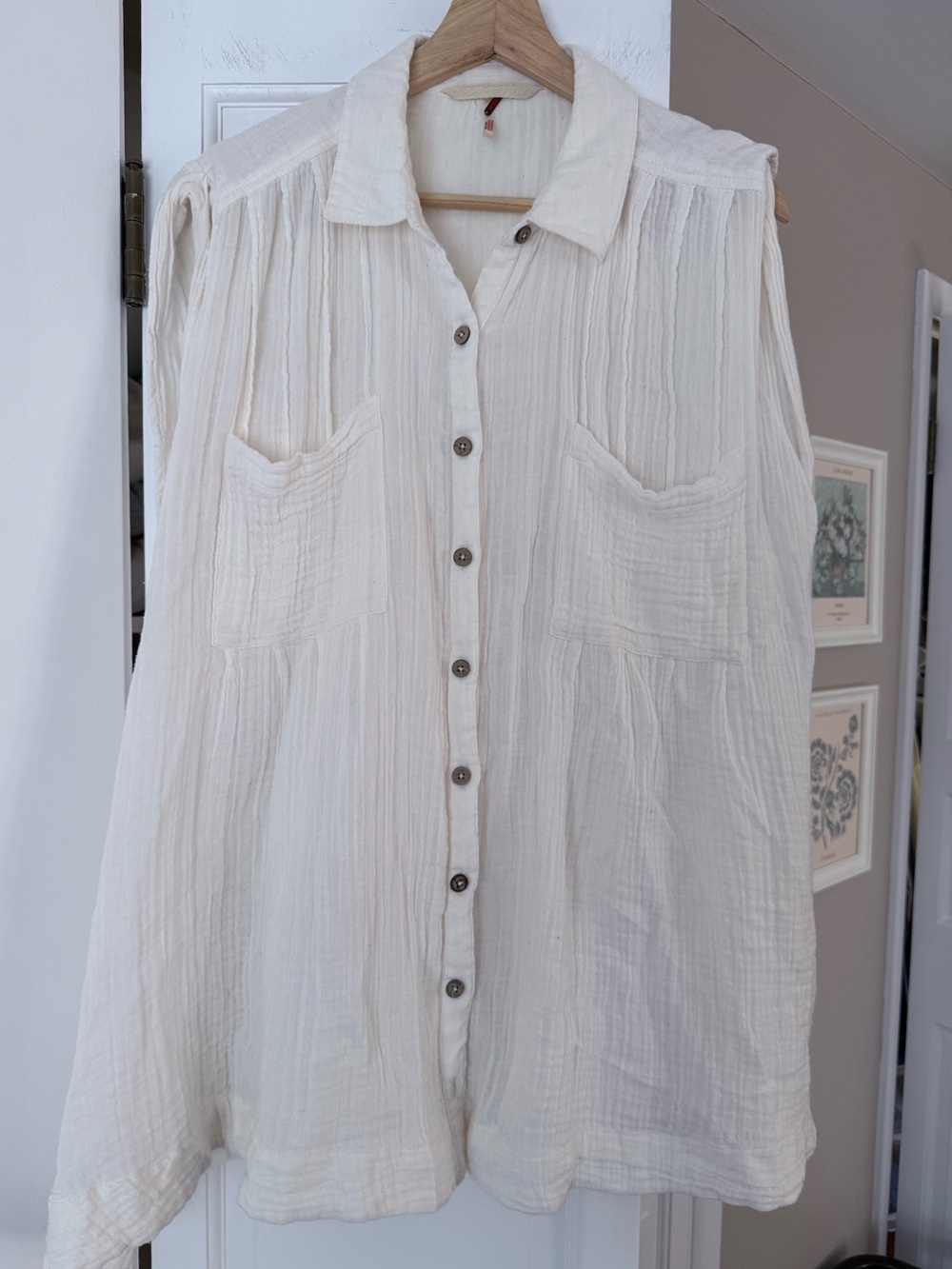 Free People 100% Cotton Gauze Tunic Top XS Ivory Oversized Button Front Pockets